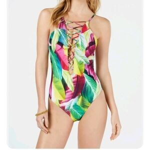 La Blanca Swim New La Blanca Wild Tropic One Piece lace up  corset Swimsuit